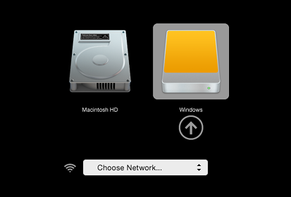 Screen with the logo of an internal hard disk
labeled 'Macintosh HD' and an external hard disk labelled 'Windows'
(selected)