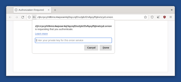 Tor Browser asking for a private key to connect to an onion service