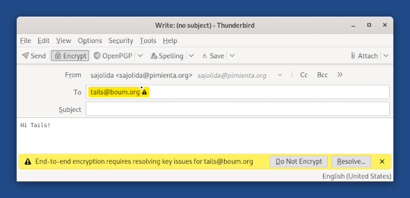 Thunderbird composer
window with encryption turned on and notification about a missing key and how
to resolve the issue.